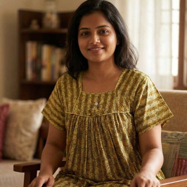 Traditional Cotton Nighty, 55 Inches Length - Golden Yellow + Green