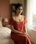 Comfortable Churidar Model Ajrakh Nighty, 55 Inches Long, Hakoba Yoke - Red