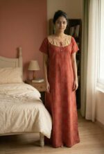 Comfortable Churidar Model Ajrakh Nighty, 55 Inches Long, Hakoba Yoke - Red - Image 2