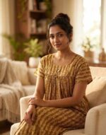 Traditional Cotton Nighty, 55 Inches Length - Golden Yellow