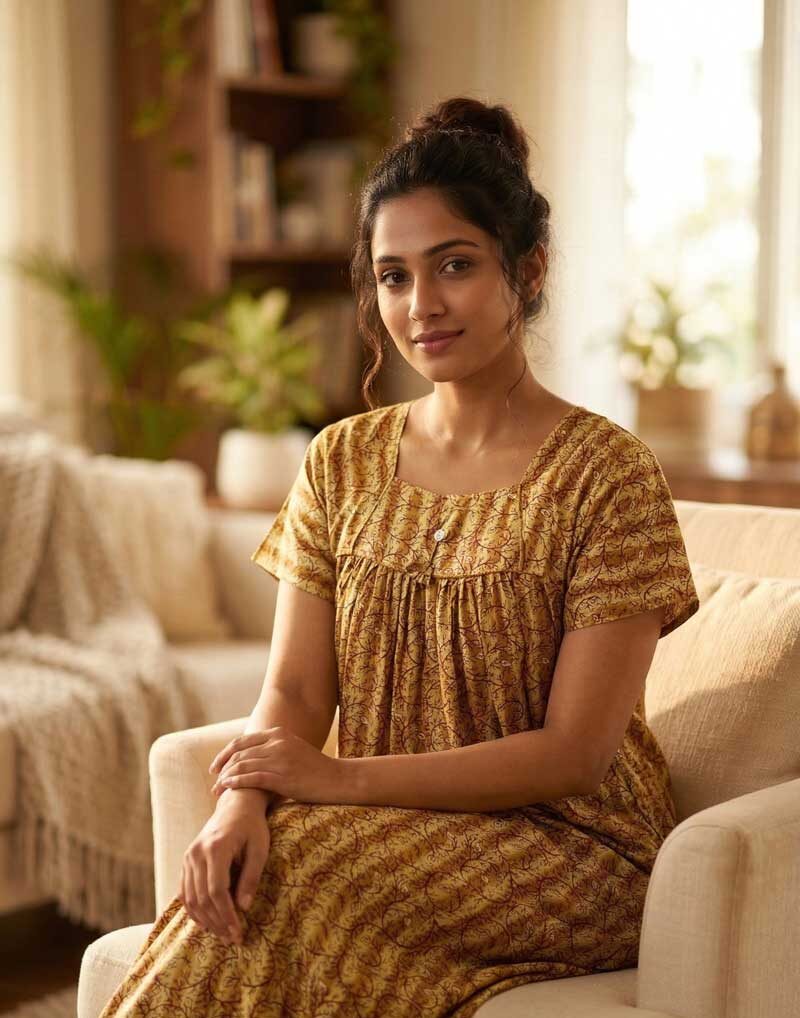 Z1 Traditional Cotton Nighty, 55 Inches Length - Golden Yellow - Image 1