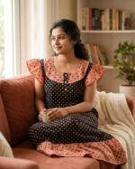 Short And Trendy Cotton Nighty with Round Neck - Black