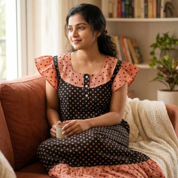 Short And Trendy Cotton Nighty with Round Neck - Black