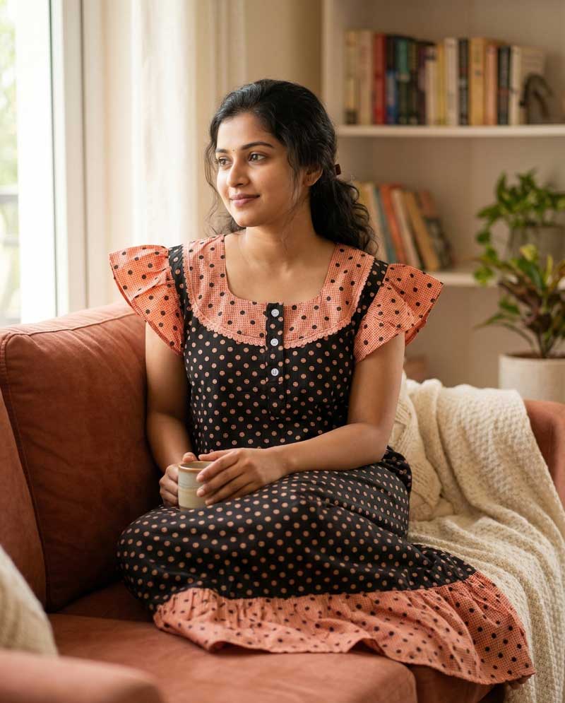 Z1 Short And Trendy Cotton Nighty with Round Neck - Black - Image 1