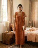 Traditional Cotton Nighty, 55 Inches Length - Orange - Image 2