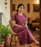 Churidar Model Cotton Nighty with Collar & Buttons - 55 Inches Long - Green Black & Majenta