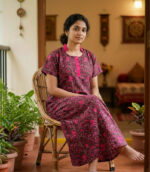 Churidar Model Cotton Nighty with Collar & Buttons - 55 Inches Long - Green Black & Majenta