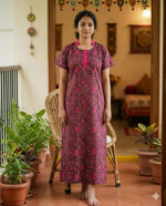 Churidar Model Cotton Nighty with Collar & Buttons - 55 Inches Long - Green Black & Majenta - Image 2