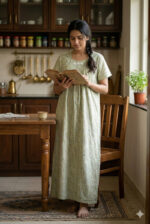 Traditional Cotton Nighty with Pleats, 55 Inches Length - Pista Green - Image 2