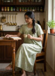 Traditional Cotton Nighty with Pleats, 55 Inches Length - Pista Green