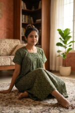 Front Open Cotton Nighty With Buttons, 55 Inches Length