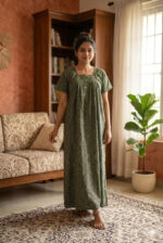Front Open Cotton Nighty With Buttons, 55 Inches Length - Image 2