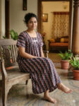 Traditional Cotton Nighty with Pleats, 55 Inches Length - Black and Peach