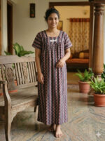 Traditional Cotton Nighty with Pleats, 55 Inches Length - Black and Peach - Image 2