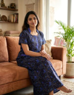 Churidar Model Cotton Nighty with Collar & Buttons - 55 Inches Long - Blue & Black