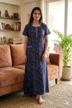 Churidar Model Cotton Nighty with Collar & Buttons - 55 Inches Long - Blue & Black - Image 2