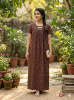Ajrak Cotton Nighty with Pleats, 55 Inches Length - Image 2