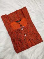 Front Open Cotton Nighty With Buttons, 55 Inches, 3/4th Sleeves - Orange - Image 3