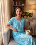 Churidar Model Cotton Nighty with Buttons - 55 Inches Long - Blue