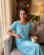 Churidar Model Cotton Nighty with Buttons - 55 Inches Long - Blue