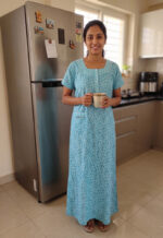 Churidar Model Cotton Nighty with Buttons - 55 Inches Long - Blue - Image 2