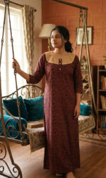 Churidar Model Cotton Nighty with Hacoba Yoke, 3/4th Sleeves - 55 Inches Long - Maroon - Image 2