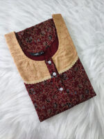 Churidar Model Cotton Nighty with Hacoba Yoke, 3/4th Sleeves - 55 Inches Long - Maroon - Image 4