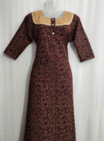Churidar Model Cotton Nighty with Hacoba Yoke, 3/4th Sleeves - 55 Inches Long - Maroon - Image 3