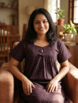 Traditional Cotton Nighty with Pleats, 55 Inches Length - Black + Violet