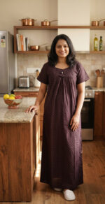 Traditional Cotton Nighty with Pleats, 55 Inches Length - Black + Violet - Image 2