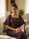 Front Open Ajrakh Nighty With Buttons, 57 Inches - Dark Blue