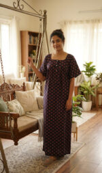 Front Open Ajrakh Nighty With Buttons, 57 Inches - Dark Blue - Image 2