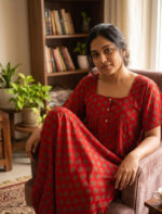 Front Open Ajrakh Nighty With Buttons, 57 Inches - Red