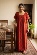Front Open Ajrakh Nighty With Buttons, 57 Inches - Red - Image 2