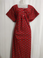 Front Open Ajrakh Nighty With Buttons, 57 Inches - Red - Image 4