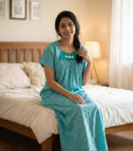 Traditional Cotton Nighty, 55 Inches Length - Blue