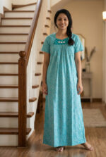 Traditional Cotton Nighty, 55 Inches Length - Blue - Image 2