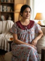 Traditional Cotton Nighty, 55 Inches Length, Round Neck with Hacoba Yoke