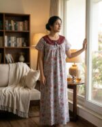 Traditional Cotton Nighty, 55 Inches Length, Round Neck with Hacoba Yoke - Image 2