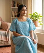 Front Open Cotton Nighty With Buttons, 57 Inches - Blue
