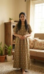Front Open Cotton Nighty With Buttons, 57 Inches - Orange Green - Image 2