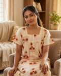 Front Open Cotton Nighty With Buttons, 55 Inches - Cream