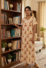 Front Open Cotton Nighty With Buttons, 55 Inches - Cream - Image 2