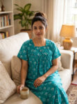 Traditional cotton nighty, 55 Inches Long - Green