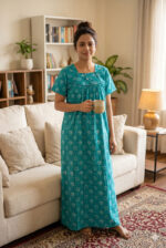 Traditional cotton nighty, 55 Inches Long - Green - Image 2