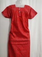 Front Open Cotton Nighty With Buttons, 55 Inches - Red - Image 3