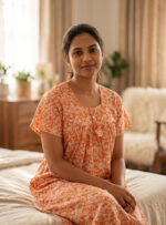Traditional Cotton Nighty, 55 Inches Length - Orange + White Flowers