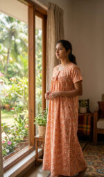 Traditional Cotton Nighty, 55 Inches Length - Orange + White Flowers - Image 2