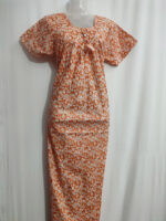 Traditional Cotton Nighty, 55 Inches Length - Orange + White Flowers - Image 4