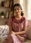 Traditional Cotton Nighty, 55 Inches Length, Round Neck with Hacoba Yoke - Onion Pink